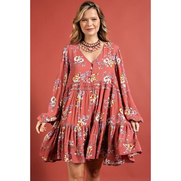 Easel Antique Rose Floral Printed V Neck Ruffled Bottom Rayon Gauze Mini Dress - Picture 2 of 5